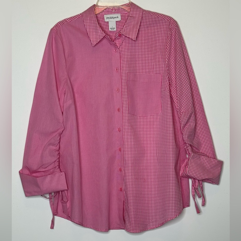 Peck & Peck Gingham Cinched‎ Cuffs 100% Cotton Button Down Blouse Sz L